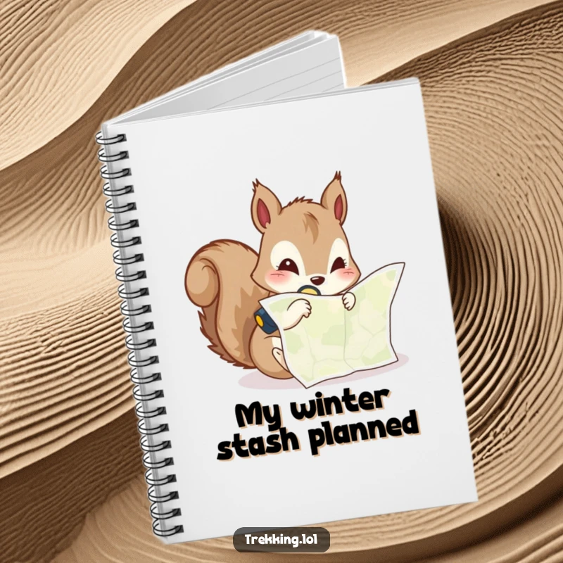 Funny notebook featuring a curious squirrel peering at a map with a headlamp, ideal for jotting down plans.