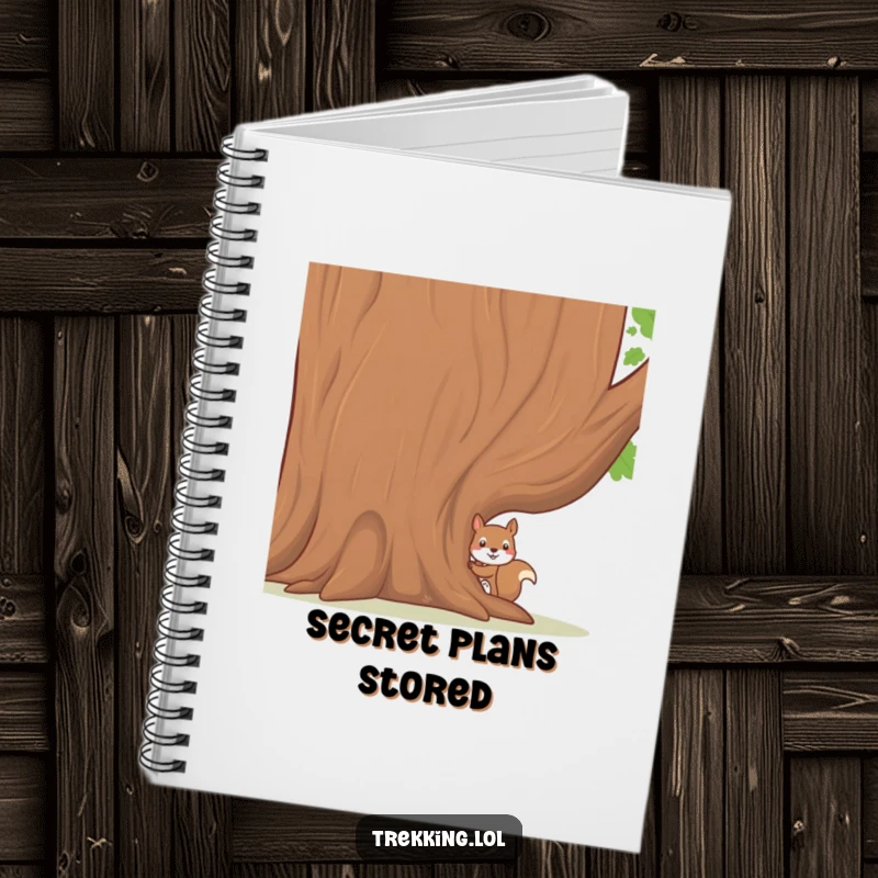 Funny notebook featuring a shy squirrel peeking from behind a large tree, designed for jotting down ideas and private thoughts.