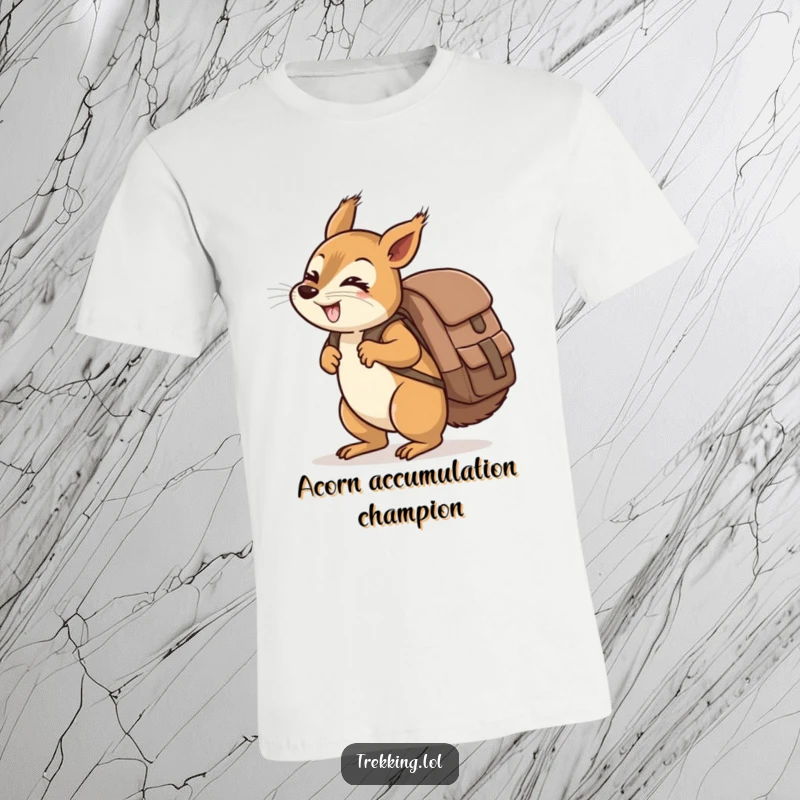 Funny giggling squirrel carrying a ridiculously oversized backpack uphill on a t-shirt, adventurous and funny.
