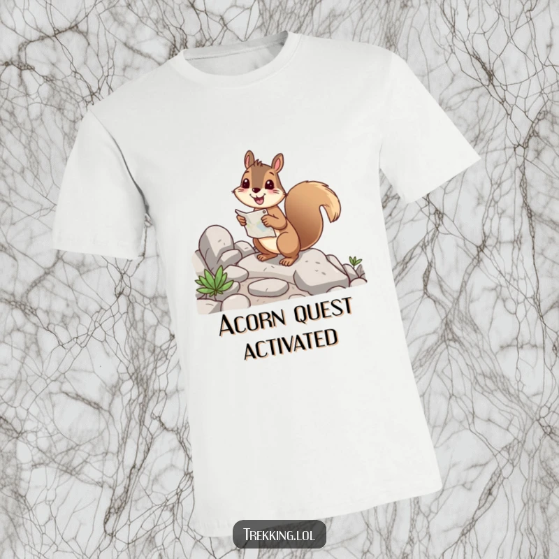 Funny squirrel t-shirt depicting a cheerful squirrel consulting a map while navigating a rocky trail, full of curiosity.