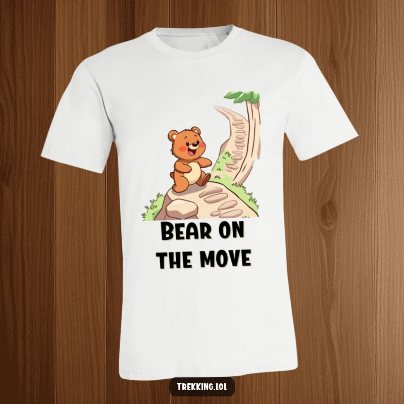 Funny t-shirt graphic of a determined bear gleefully climbing a steep, winding mountain path, celebrating adventure and resilience.