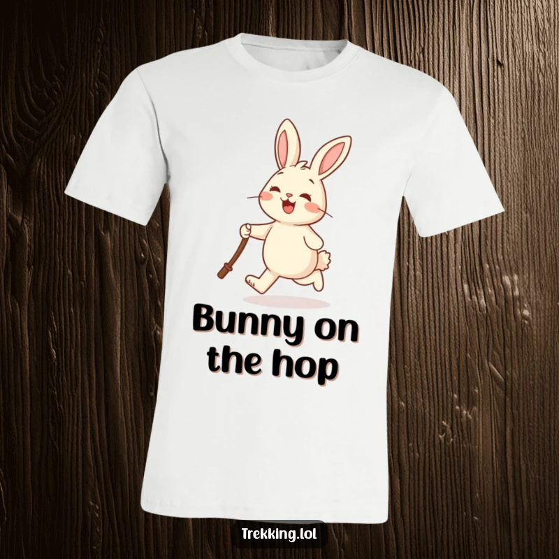 Funny t-shirt graphic of a cheerful rabbit joyfully skipping and holding a walking stick, embodying pure happiness and energy.