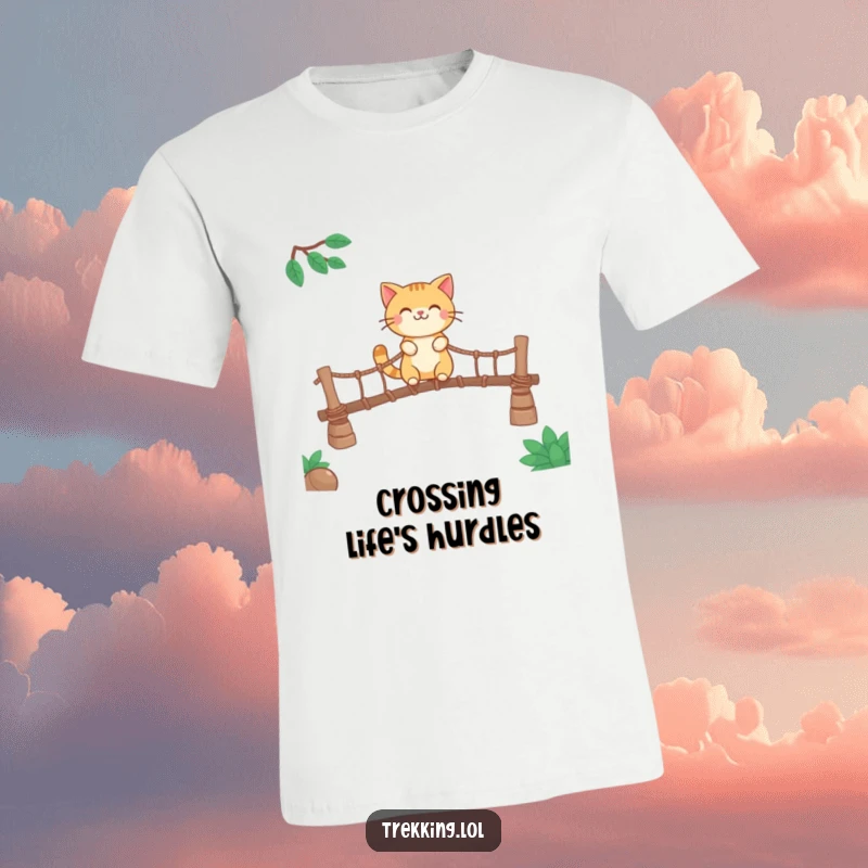 Funny t-shirt featuring a smiling cat character confidently crossing a rickety rope bridge, showcasing feline bravery and wit.