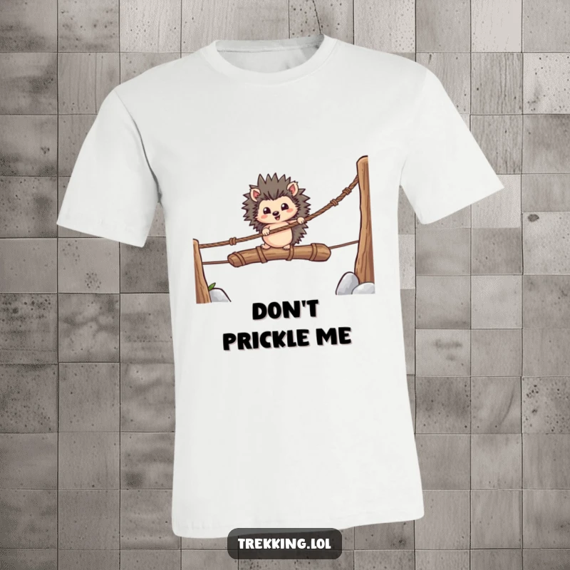 Funny t-shirt depicting a courageous hedgehog navigating a precarious rope bridge, embodying determination and a spirit of adventure.