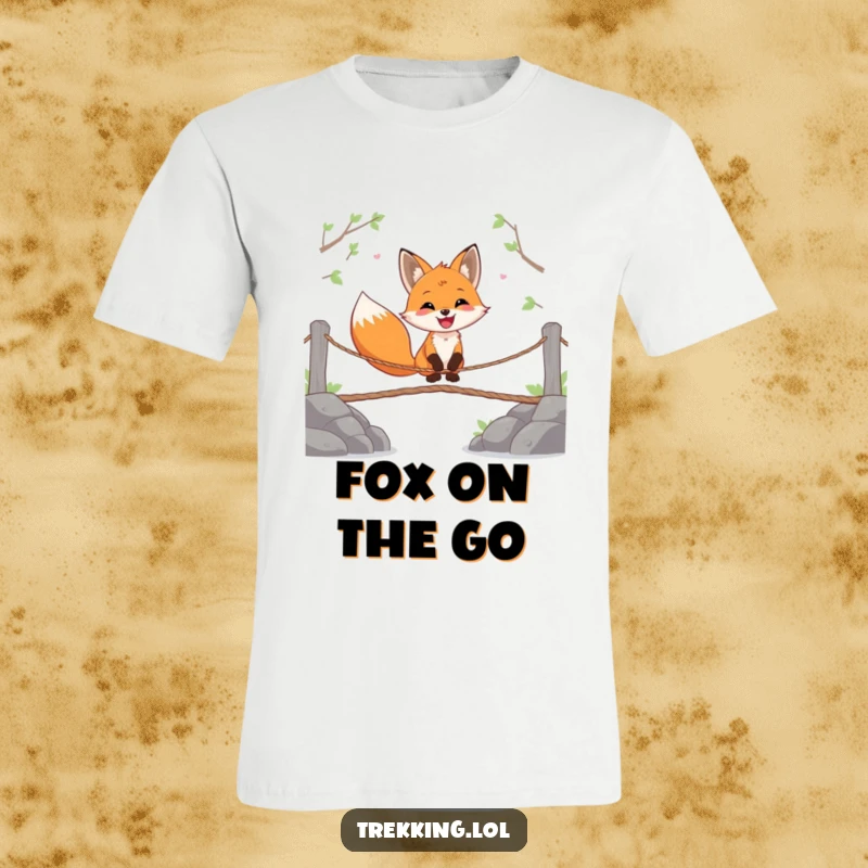 Funny t-shirt with a happy fox gleefully crossing a wobbly rope bridge, embodying joy and courage in challenging situations.