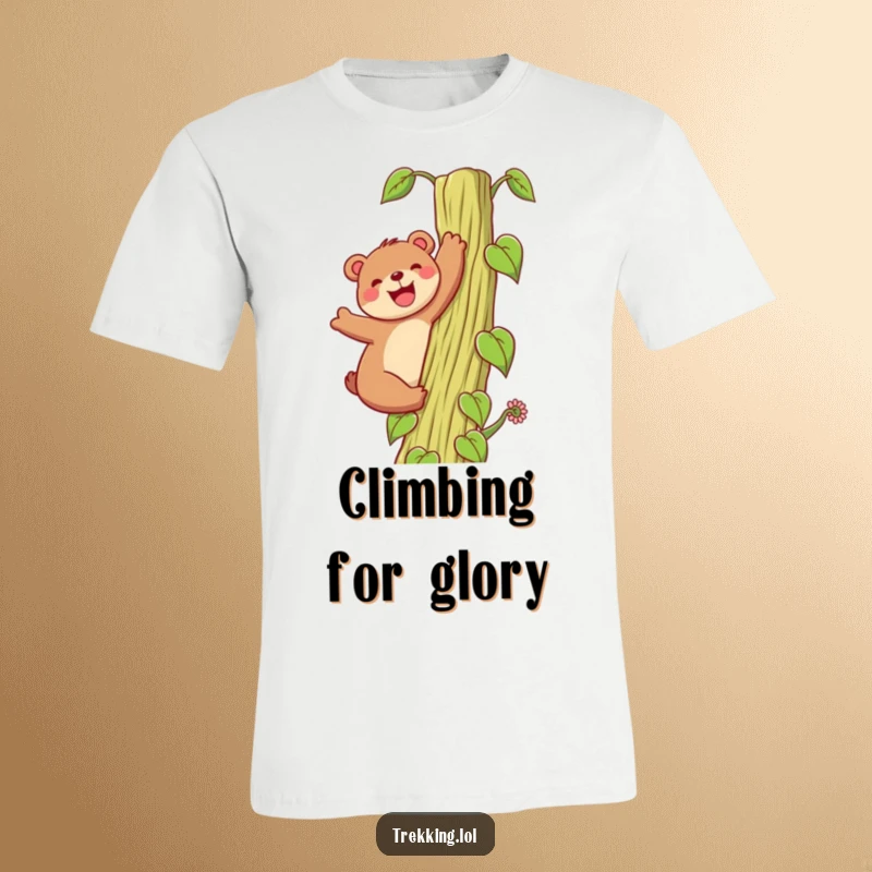 Funny T-Shirt: A happy bear with a grin enthusiastically climbs a towering beanstalk, showcasing a spirit of fun and high-reaching ambition.