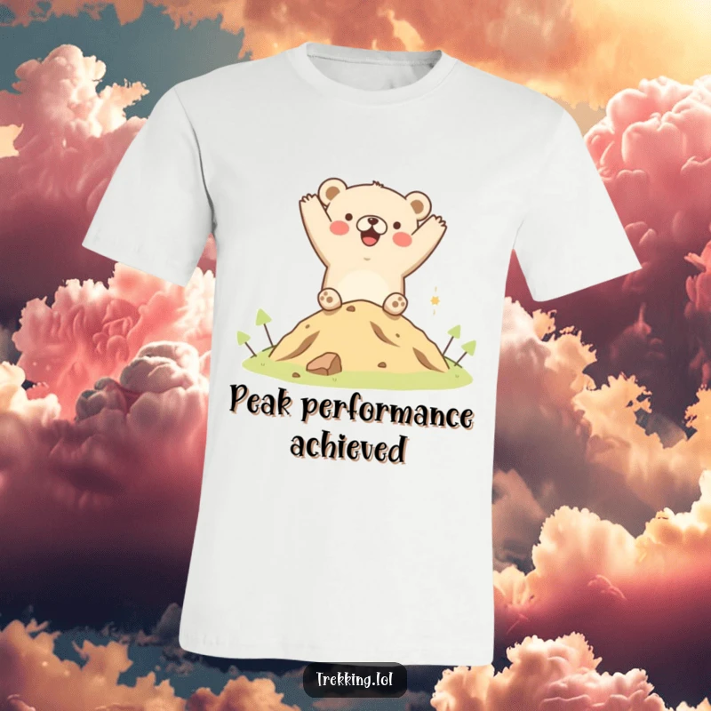 Funny t-shirt graphic of a jubilant bear raising its paws in celebration atop a small hill, conveying pure happiness and achievement.