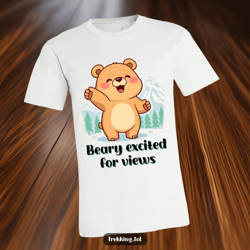 Funny t-shirt showing a smiling bear pointing with excitement at a faraway mountain peak, capturing a sense of wonder.