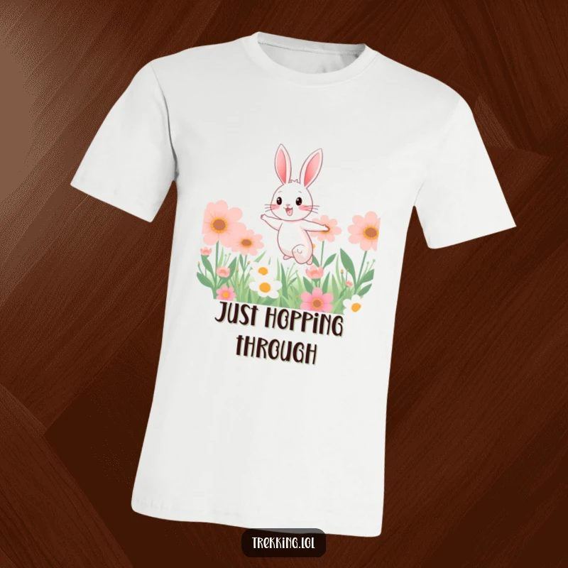 Funny t-shirt with a cheerful bunny energetically bounding through a vibrant field of oversized, fantastical flowers, radiating happiness.