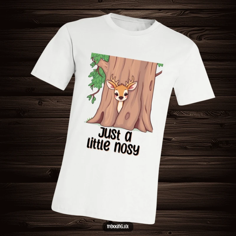 Funny t-shirt with a delighted deer peeking curiously from behind a giant tree, perfect for casual wear.
