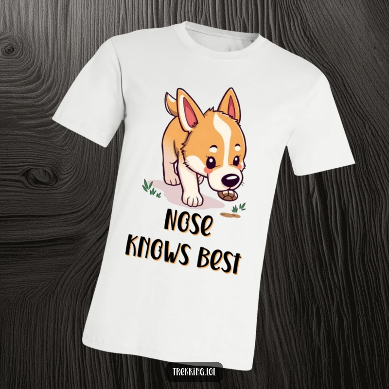 Funny t-shirt showing a happy dog intensely sniffing the ground, embodying the spirit of adventure and a quest for hidden treasures.