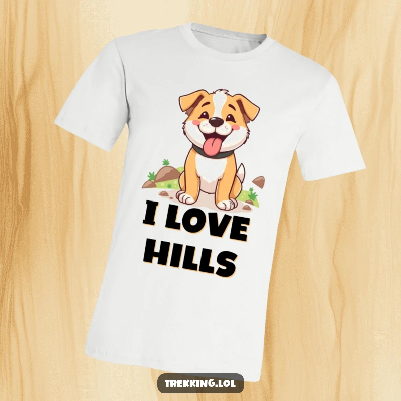 Funny t-shirt showcasing a happy dog breathing deeply with satisfaction after completing a challenging uphill hike.