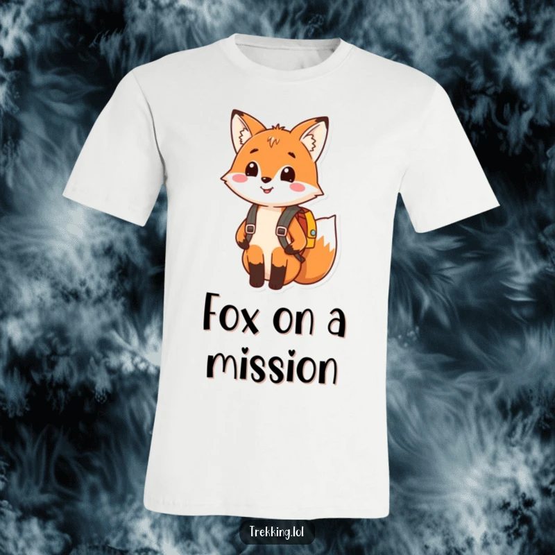 Funny t-shirt graphic of a happy fox smiling while wearing a tiny backpack, embodying adventurous and cheerful spirit.