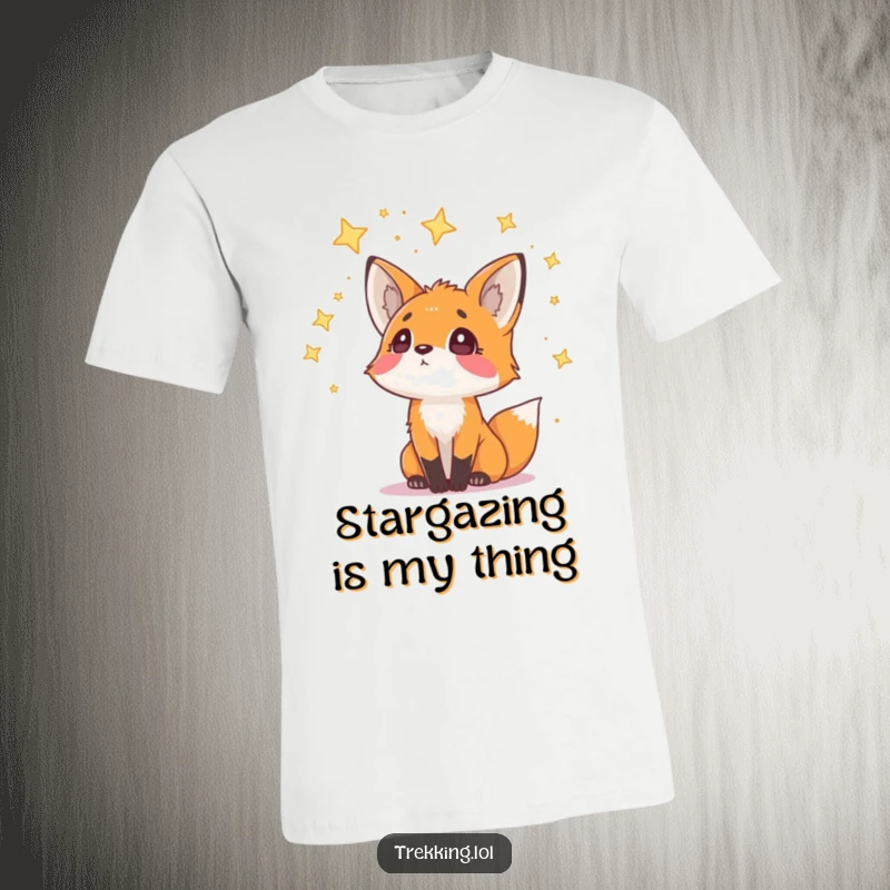 Funny T-Shirt showing a curious fox gazing upwards with awe at a sky filled with scattered stars, embodying wonder and nighttime magic.