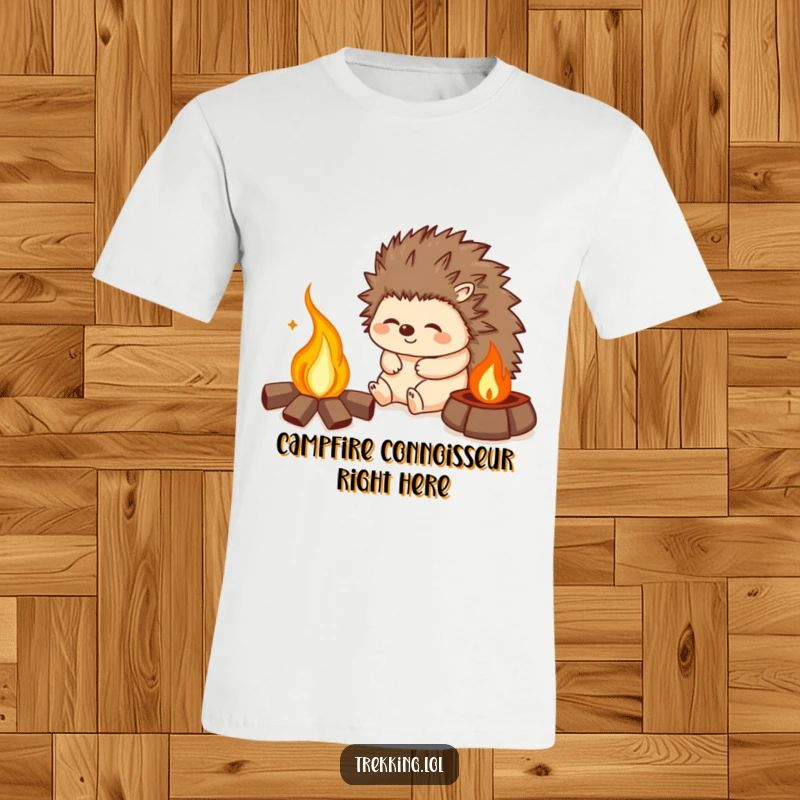 Funny t-shirt showcasing a happy hedgehog sighing contentedly while resting by a glowing campfire, a perfect casual wear.