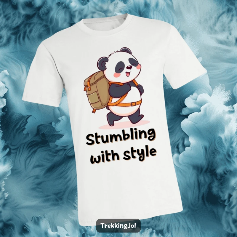 Funny T-Shirt: A playful panda stumbles forward carrying a giant backpack, depicting humorous challenges and adorable determination.