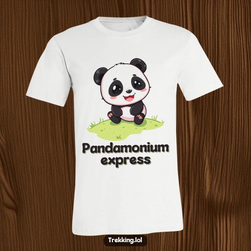 Funny panda t-shirt depicting a playful panda sliding down a grassy slope with pure glee. Embracing fun and relaxation.
