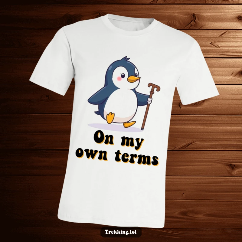 Funny penguin character waddling enthusiastically with a walking stick, depicted on a comfortable t-shirt, great for travel.