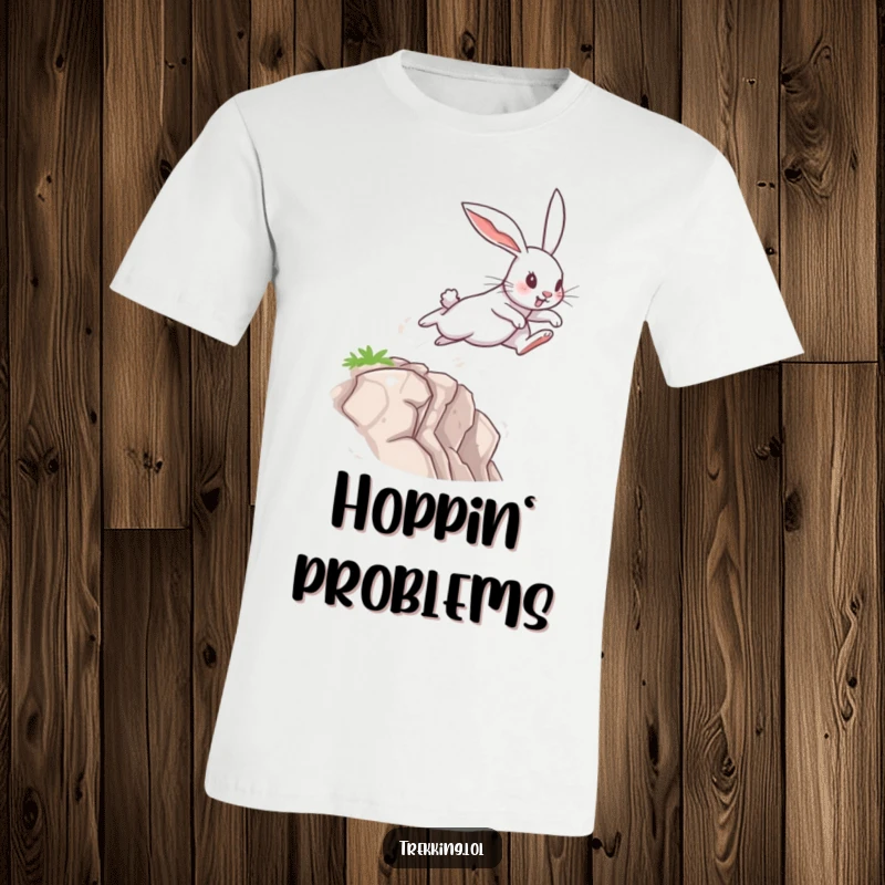 Funny T-Shirt showing a determined rabbit leaping bravely across a small chasm, perfect for those who embrace challenges with humor.