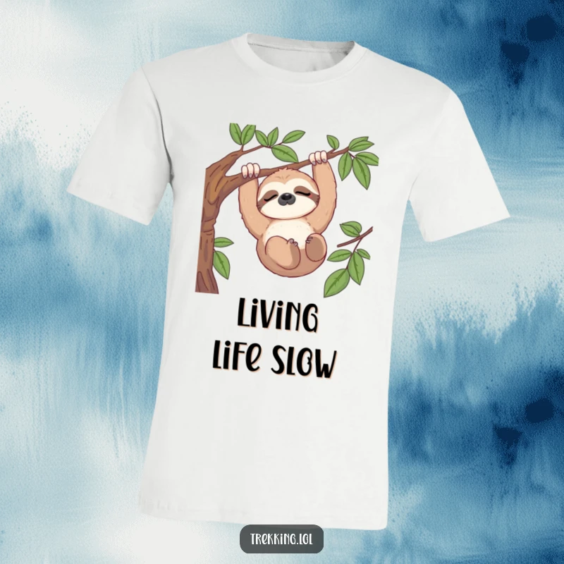 Funny t-shirt featuring a placid sloth hanging from a branch, gazing serenely at a beautiful landscape.