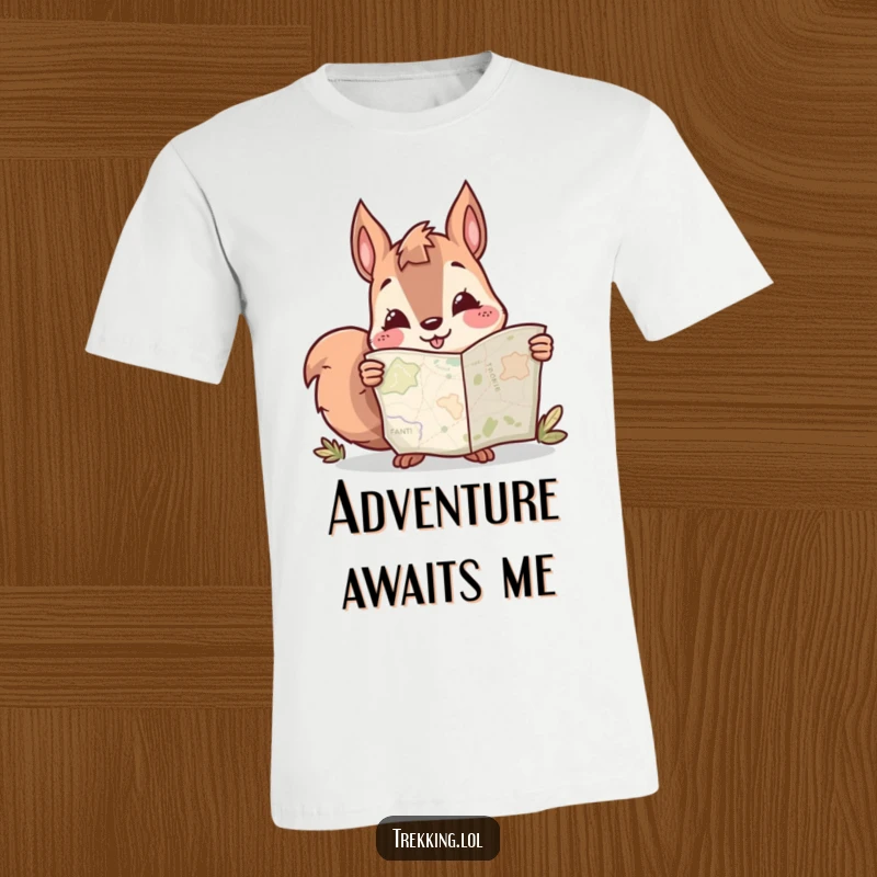 Funny t-shirt with a smiling squirrel character looking intently at a map, embodying curiosity and a sense of direction.