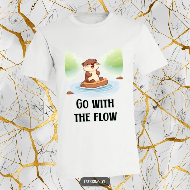 Funny otter t-shirt depicting a giggling otter joyfully paddling a tiny raft down a river, embodying pure bliss.