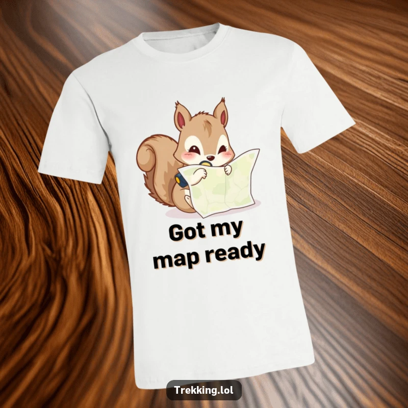 Funny t-shirt showing a curious squirrel examining a map with a headlamp, ready for any expedition.