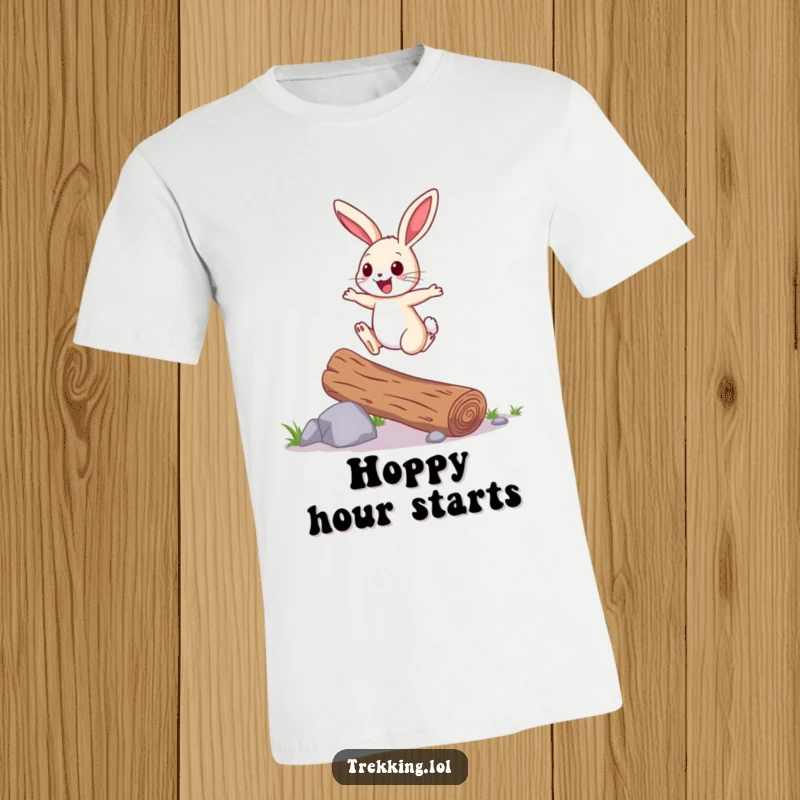 Funny T-Shirt: A cheerful bunny joyfully hops over a fallen log, showcasing vibrant energy and a happy, playful spirit.