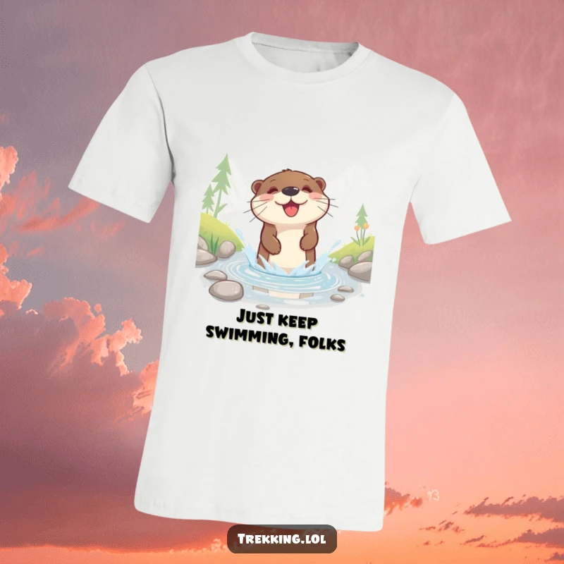 Funny t-shirt graphic of a happy otter enthusiastically splashing through a shallow mountain stream, conveying pure fun.