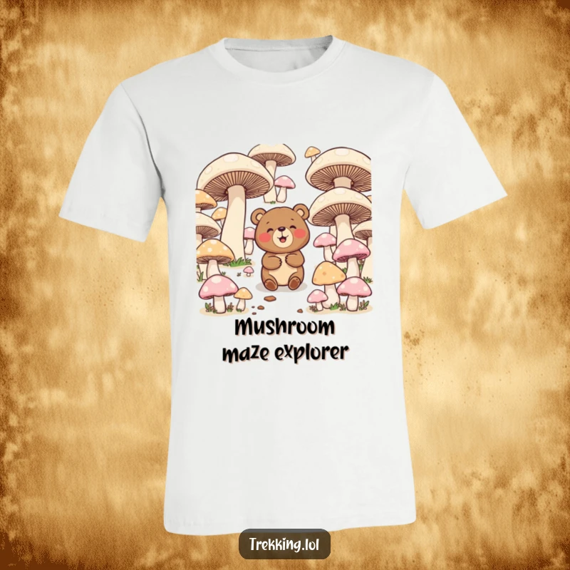 Funny t-shirt featuring a giggling bear hilariously trying to find its way through a maze of oversized, fantastical mushrooms.