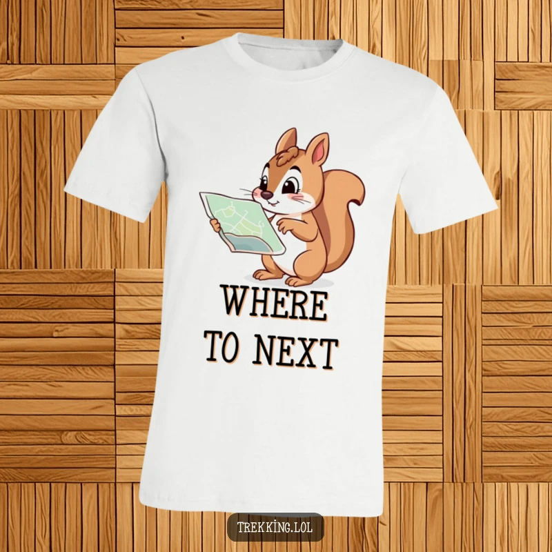 Funny t-shirt of a curious squirrel pointing at a map with a determined expression, ready to embark on an exciting journey.