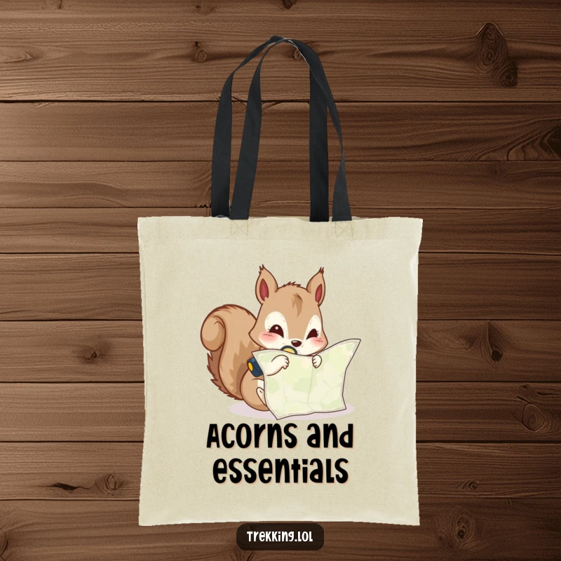 Funny tote bag with a curious squirrel peering at a map with a headlamp, perfect for carrying adventure essentials.