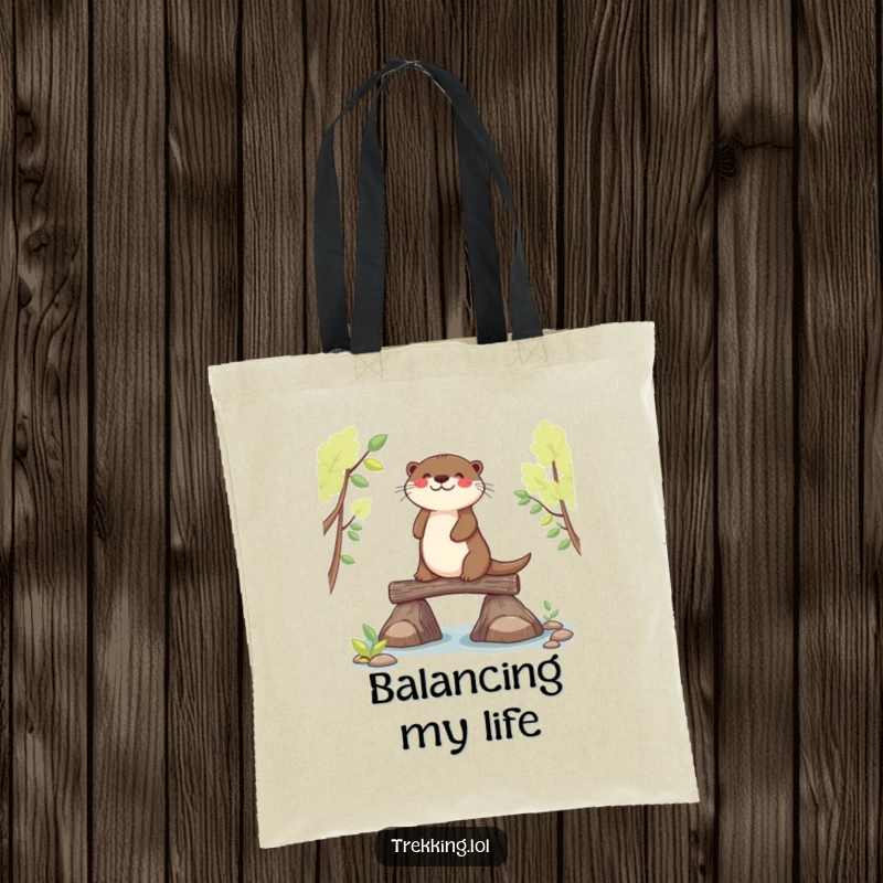 Funny otter balancing on a narrow log, printed on a sturdy tote bag, great for shopping.