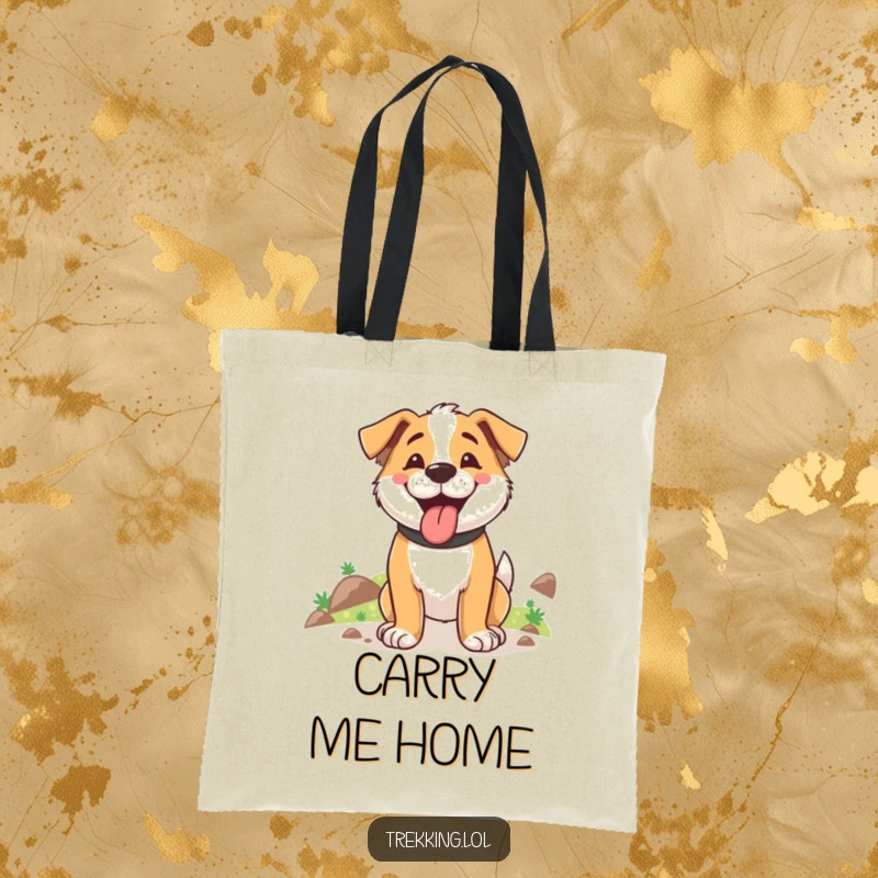 Funny tote bag with a happy dog panting after an uphill hike, ideal for carrying gear on adventures.