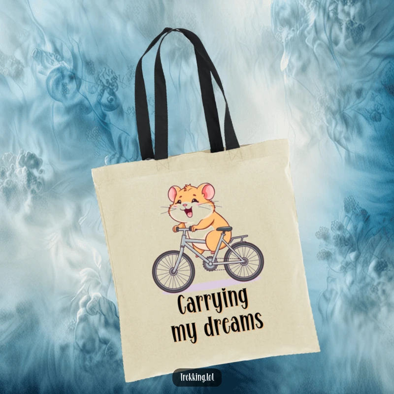 Funny Tote Bag with a giggling hamster's determined effort to pedal a tiny bicycle up a hill, great for shoppers who love humor.