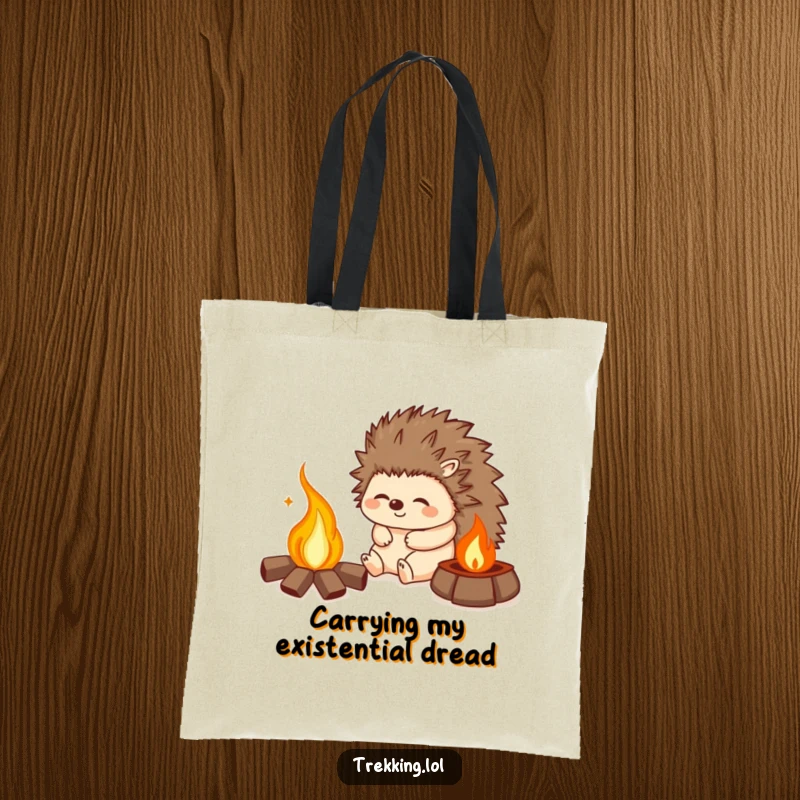 Funny tote bag depicting a happy hedgehog sighing contentedly near a campfire, ideal for groceries or daily errands.