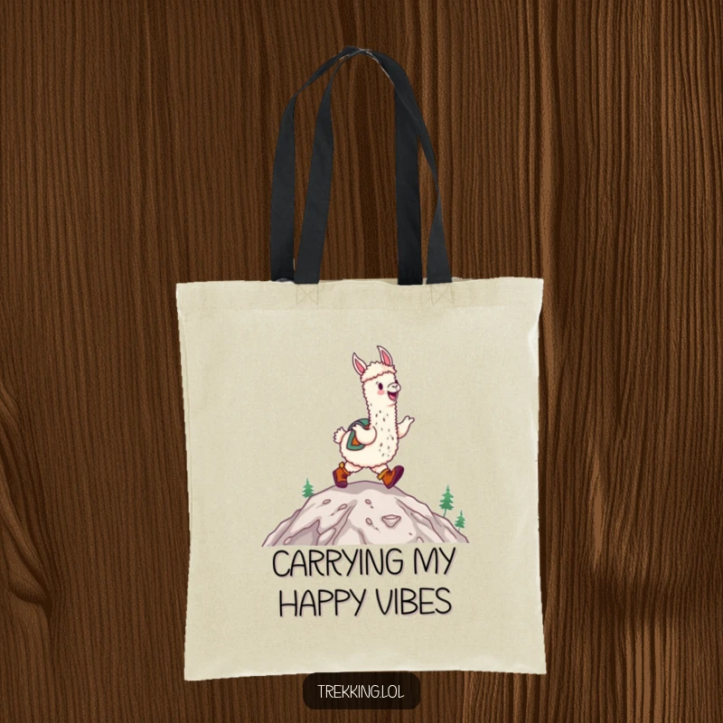 Funny happy alpaca wearing hiking boots, joyfully skipping up a mountain on a tote bag.