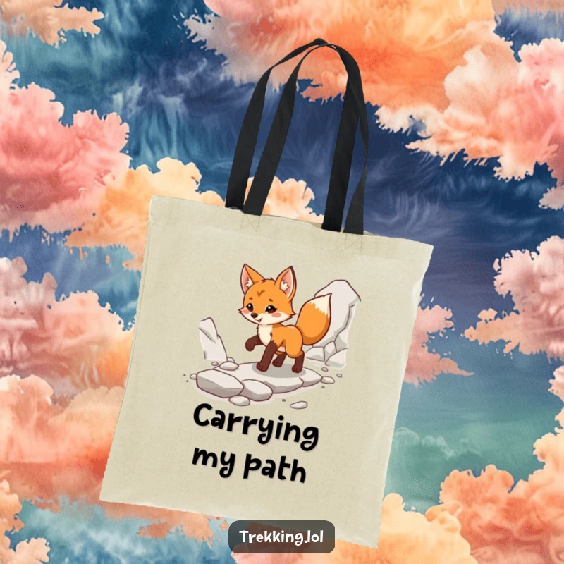 Funny fox cub tote bag, confidently navigating a rocky path, ready for any terrain with a cheerful stride.