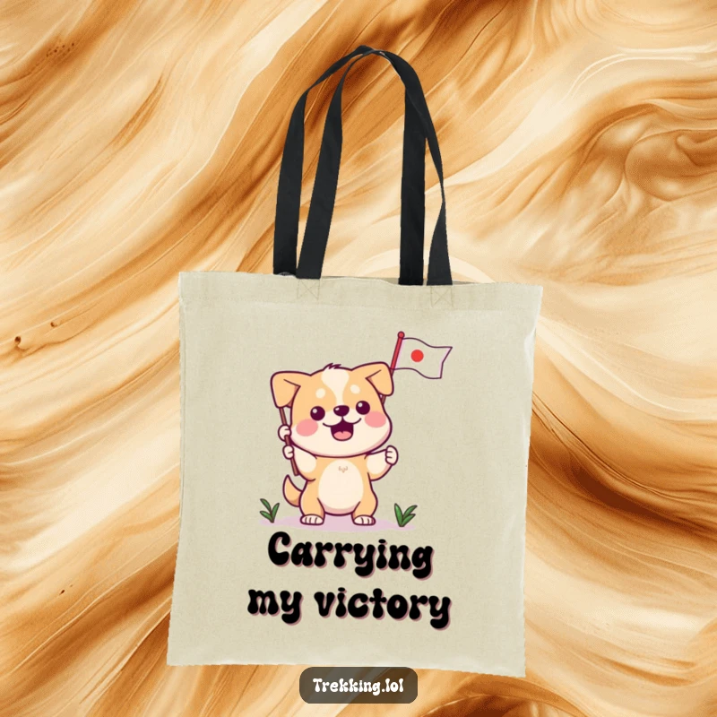 Funny tote bag, a determined dog character plants a small flag, symbolizing success and a celebratory spirit.