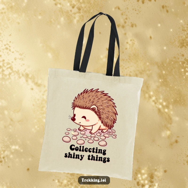 Funny tote bag with a cheerful hedgehog carefully walking on a path of sparkling pebbles, great for daily use.