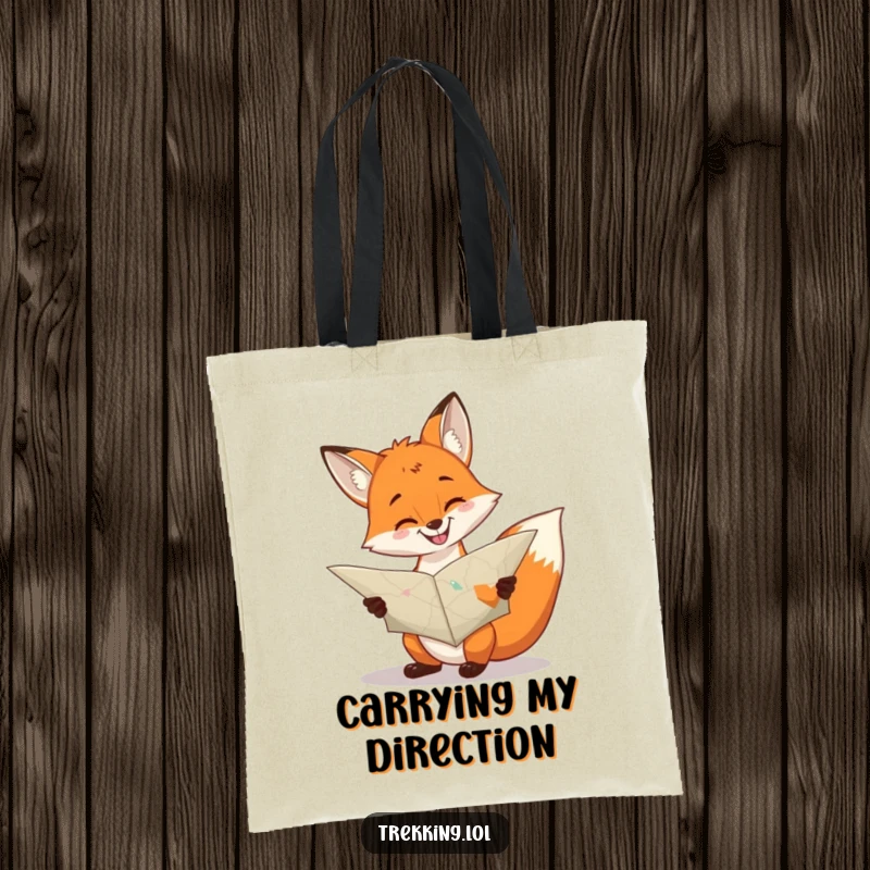 Funny cheerful fox consulting a large, unfolded map with a grin on a tote bag, practical and humorous.