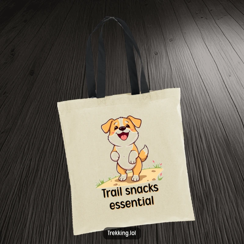Funny Tote Bag showcasing a delighted dog panting happily and wagging its tail on a trail, ideal for carrying essentials with a smile.