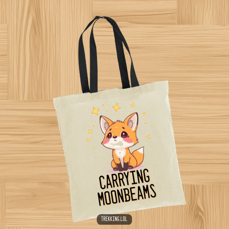 Funny Tote Bag with a curious fox looking up at a scattering of stars, ideal for carrying essentials with a touch of nighttime magic.