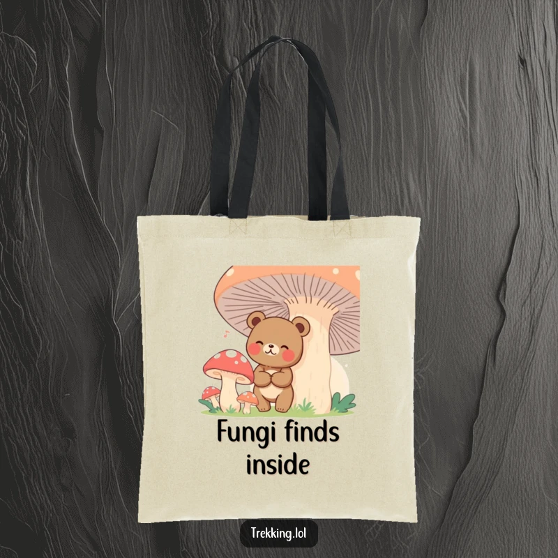 Funny bear amidst giant mushrooms, printed on a sturdy tote bag, great for shopping.