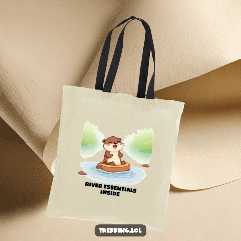Funny otter tote bag with a giggling otter paddling a tiny raft down a river, ideal for carrying essentials.