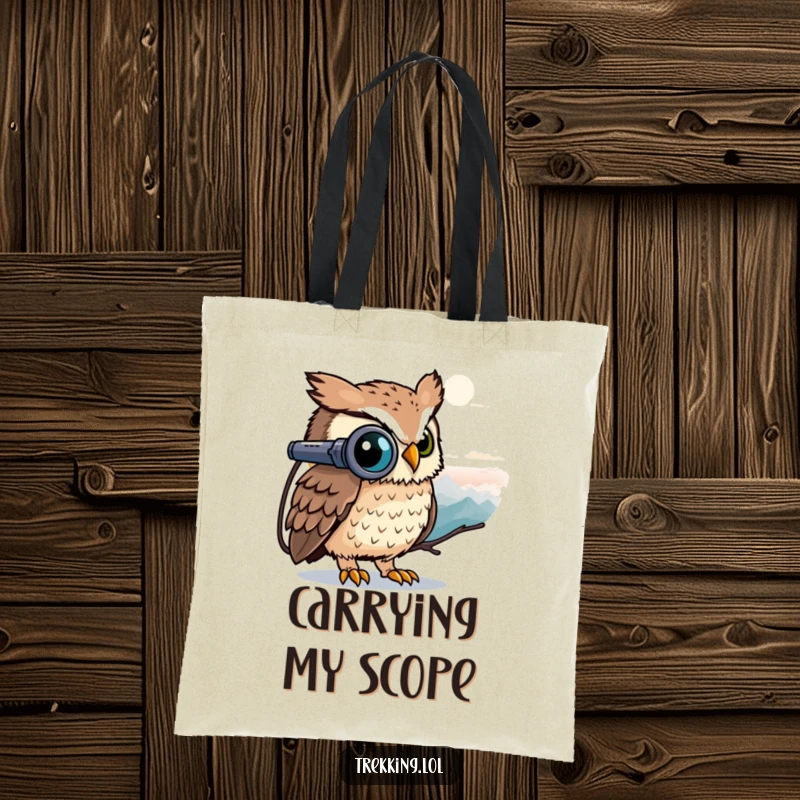 Funny owl using binoculars to view a distant peak, ready for discovery, on a durable and funny tote bag.