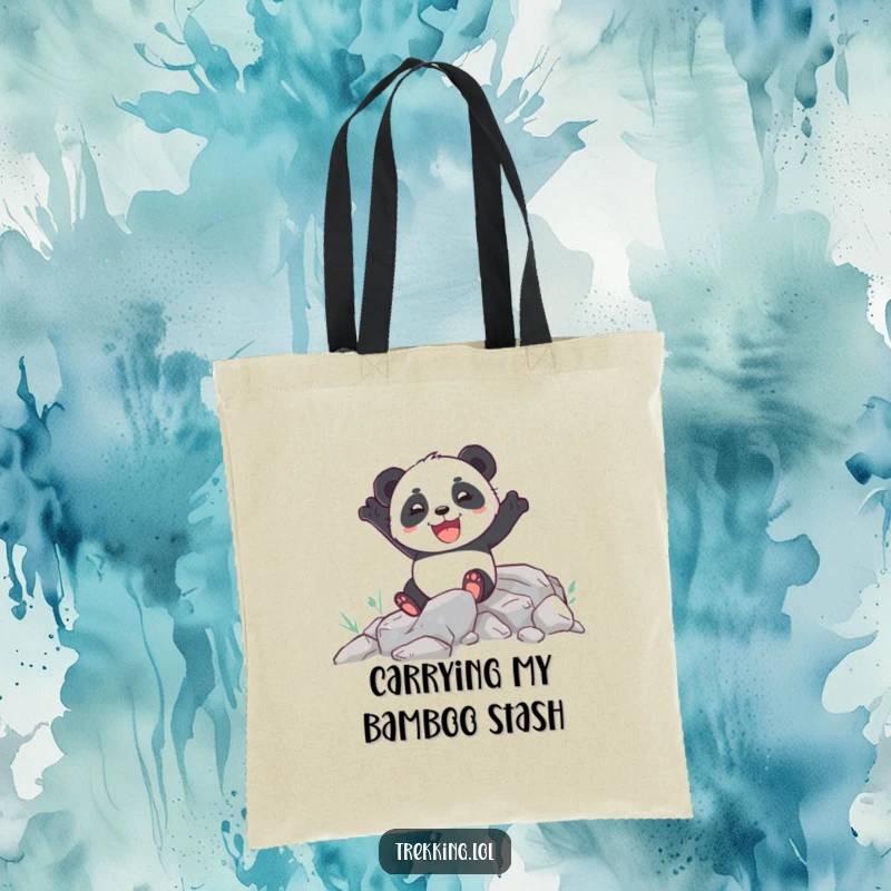 Funny tote bag with an enthusiastic panda joyfully navigating a rocky path, great for carrying adventure gear.