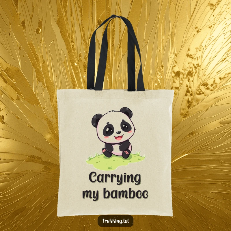 Funny panda tote bag depicting a playful panda sliding down a grassy slope with pure glee. Joyful and practical.