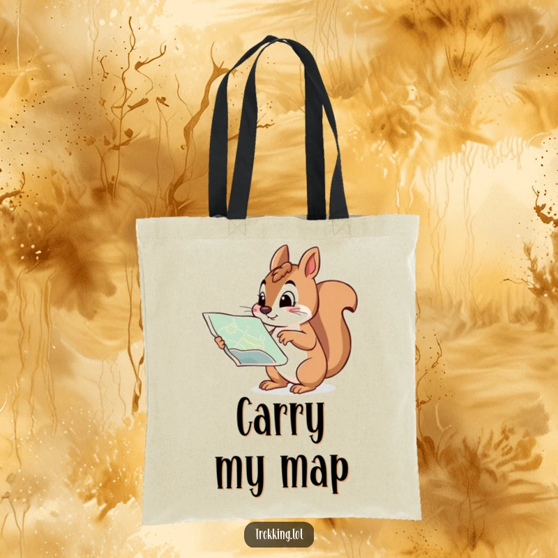 Funny tote bag featuring a curious squirrel pointing at a map with a determined expression, ideal for adventurers.