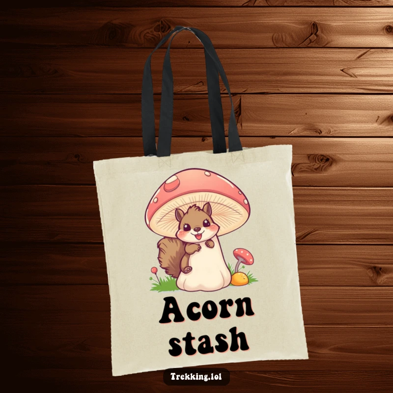 Funny squirrel mushroom tote bag with a fluffy squirrel peeking excitedly from behind a large, colorful mushroom, great for daily use.